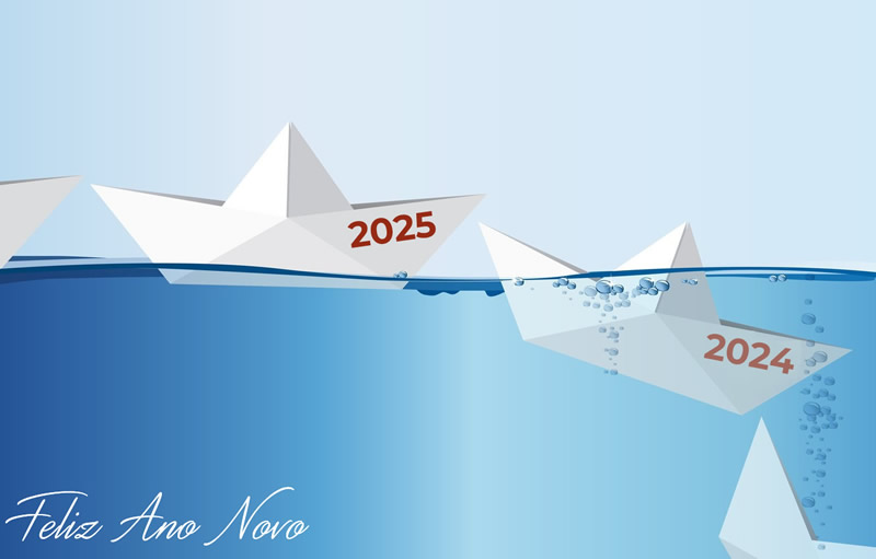 Imagem com barco de papel 2025 afundando o ano velho